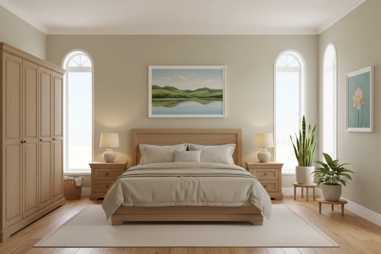 Sleep environment optimization showing room layout with warm lighting, organized device placement, and calm atmosphere settings